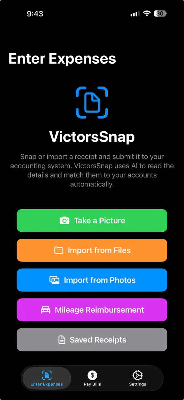 VictorsSnap home screen — snap or import a receipt