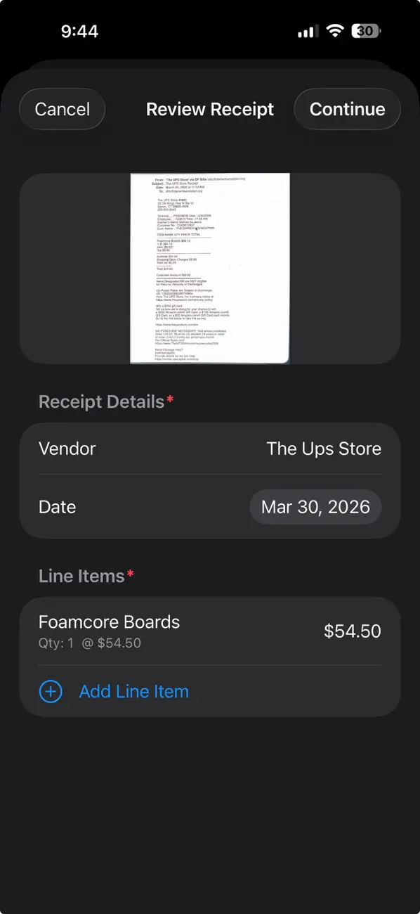 Receipt review — AI-extracted vendor, date, and amount