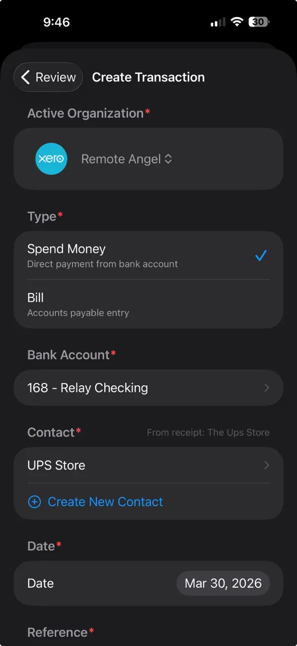 Submit to Xero or QuickBooks with the matched contact and account